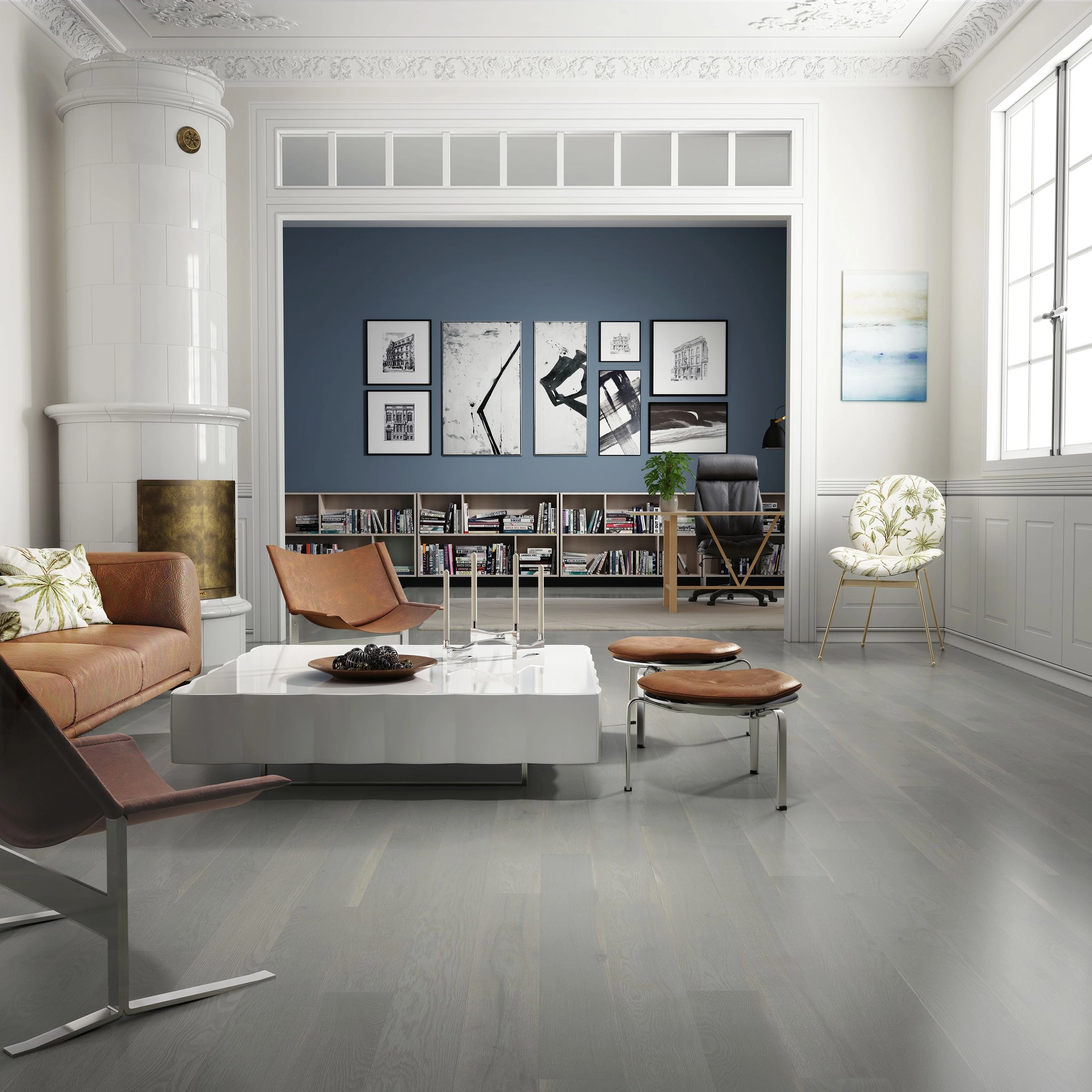 Studio avec plancher en bois clair